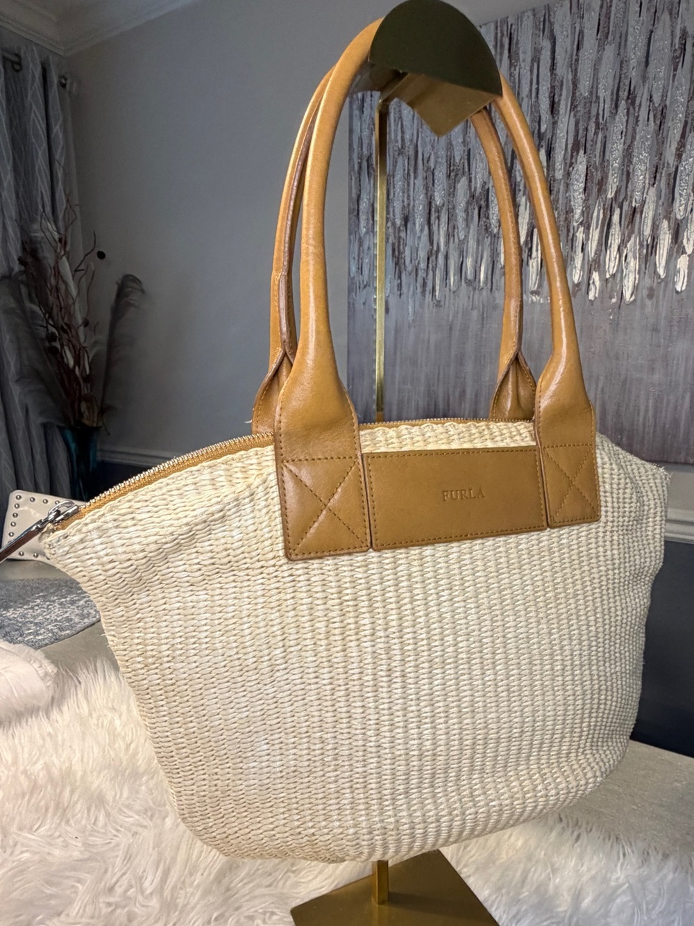 Furla Straw Shoulder Tote with Tan Leather Trim